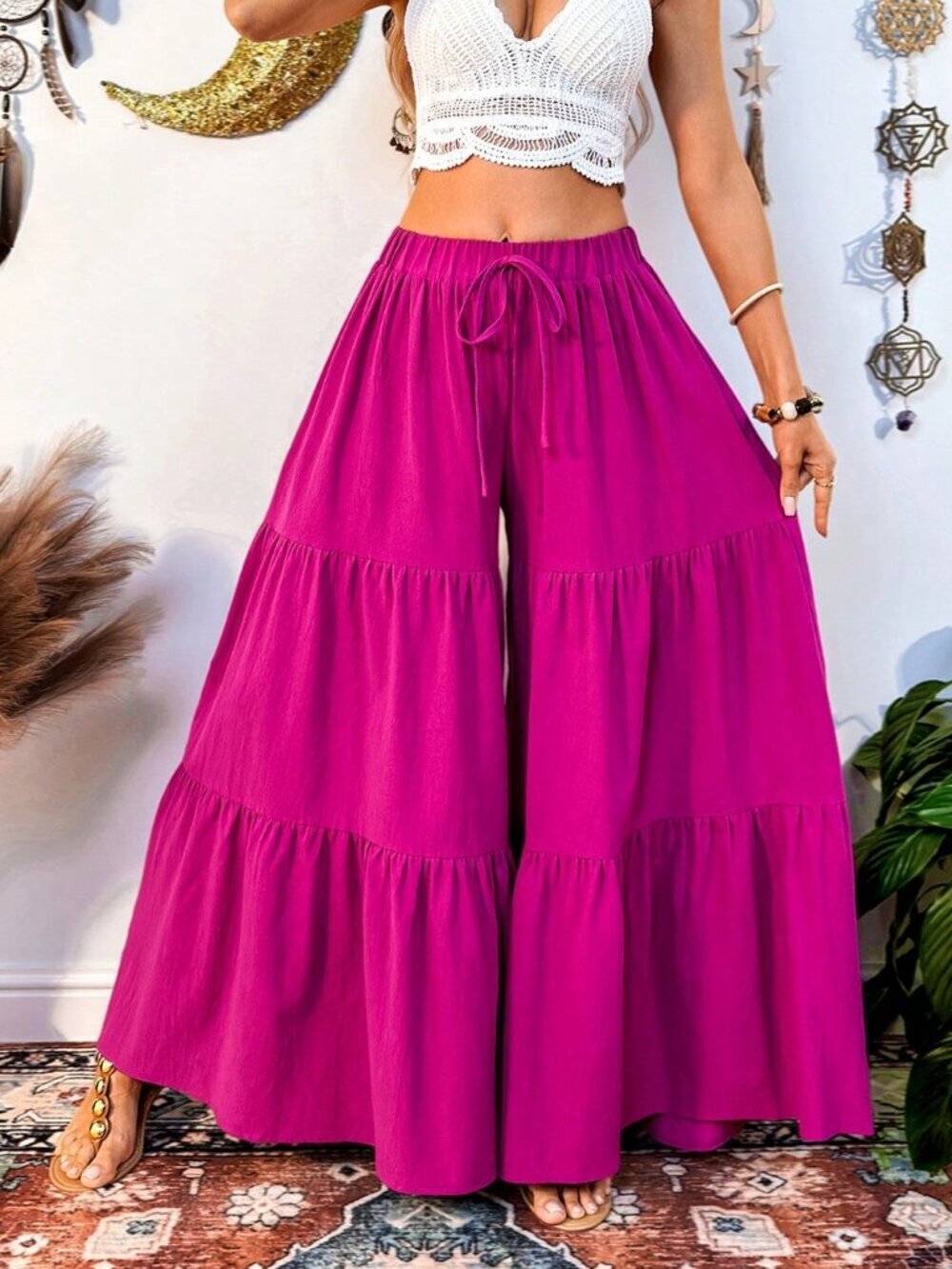 Hot Pink Casual Women's Drawstring Waist Pleated Versatile Wide Leg Pants